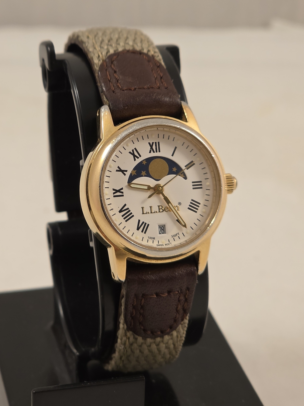 Vintage L.L. Bean Gold-Tone Moonphase Watch with Brown & Tan Strap